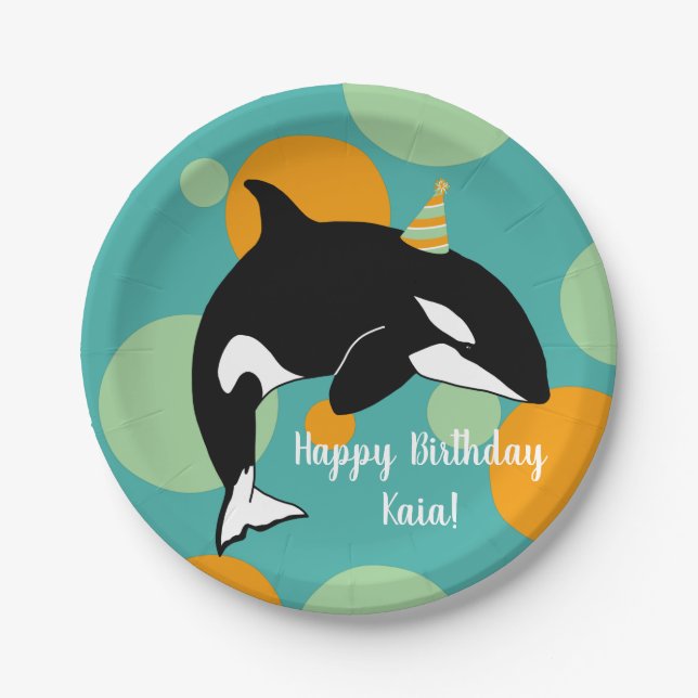Plato De Papel Cumpleaños de la caza de ballenas asesina de Orca (Anverso)