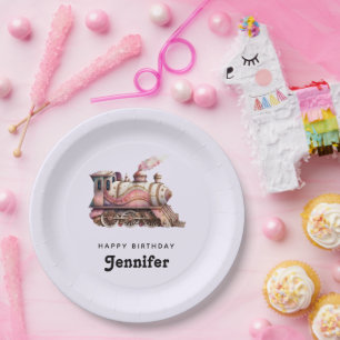 Plato De Papel Cumpleaños de la cosecha de trenes de vapor rosado
