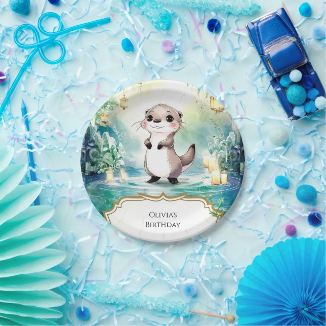 Plato De Papel Cumpleaños de la editable Lake Otter (Fiesta)