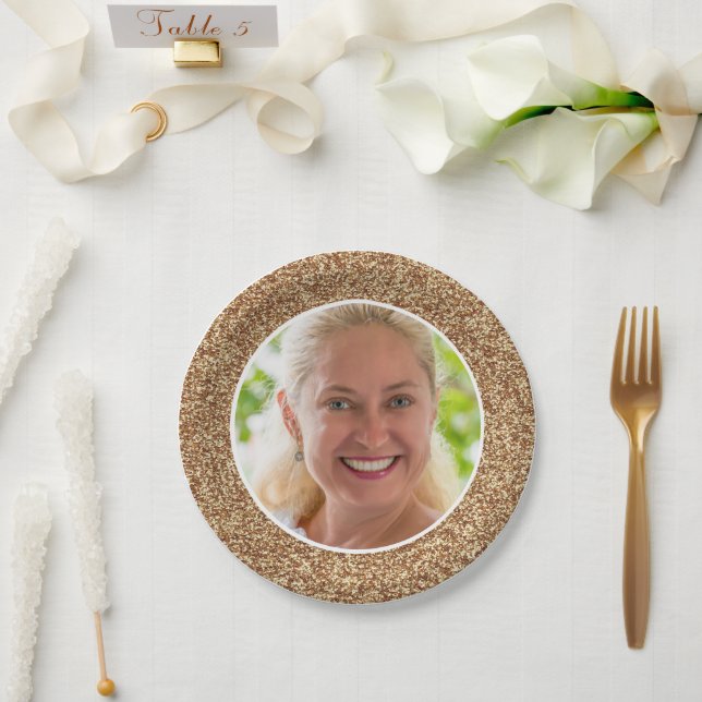 Plato De Papel Cumpleaños de la foto del Purpurina de oro (Boda)