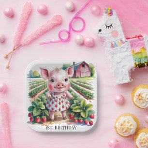 Plato De Papel Cumpleaños de la granja de fresas dulce niña 1er.