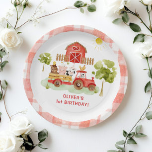 Plato De Papel Cumpleaños de la granja de tractores rojos