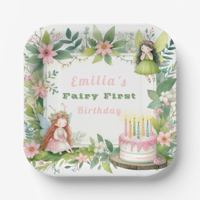 Plato De Papel Cumpleaños de la Hada del Pastel Verde - (Anverso)