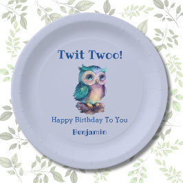 Plato De Papel Cumpleaños de la lechuza animal Cute Blue Woodland
