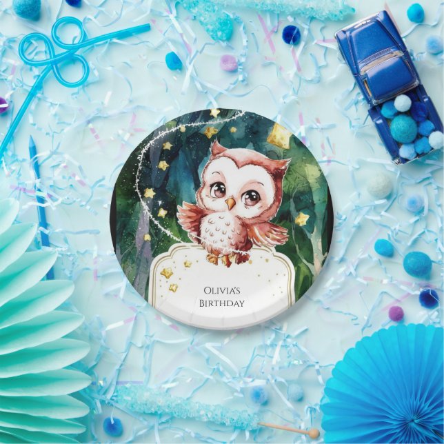 Plato De Papel Cumpleaños de la Lechuza Forestal Simple (Fiesta)