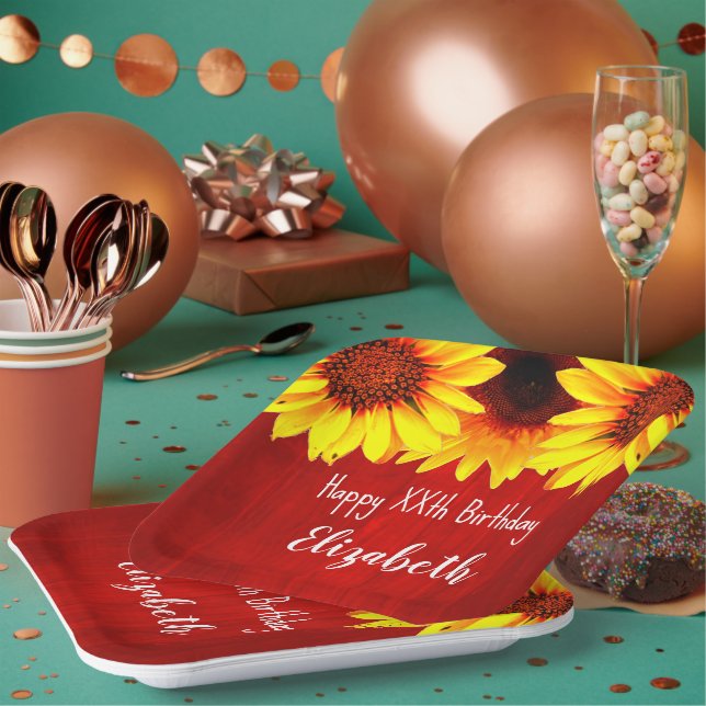 Plato De Papel Cumpleaños de la Madera Rústica del Girasol (Multi)