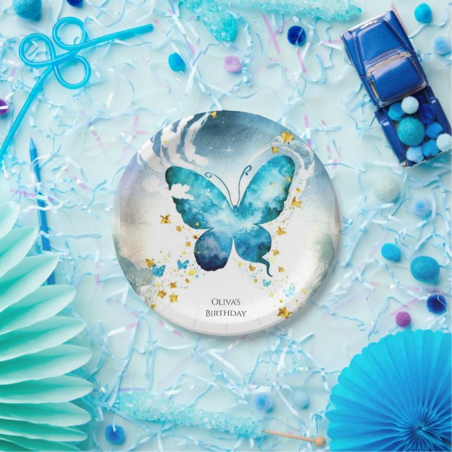 Plato De Papel Cumpleaños de la mariposa azul mágica (Fiesta)