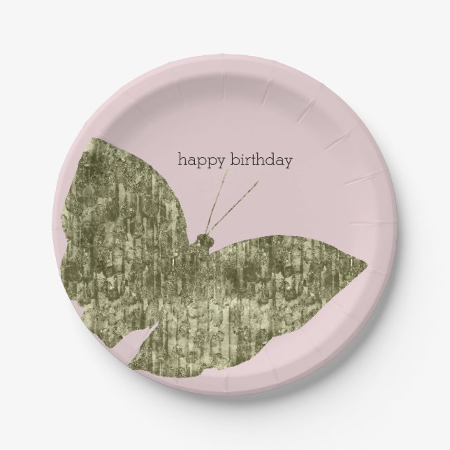 Plato De Papel Cumpleaños de la mariposa de la joya del oro (Anverso)