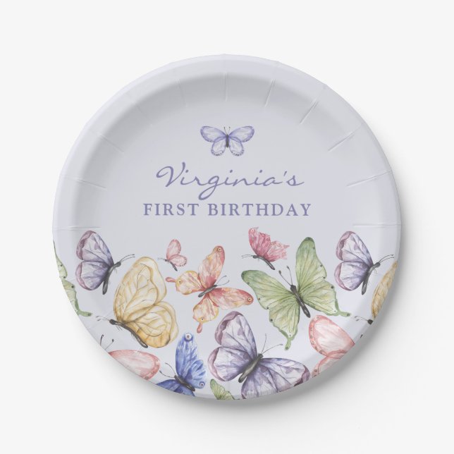 Plato De Papel Cumpleaños de la mariposa púrpura (Anverso)