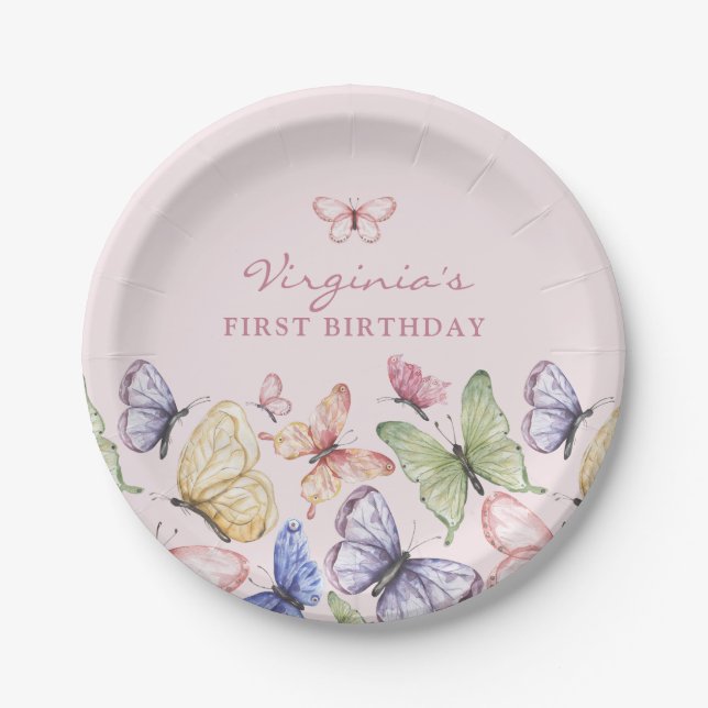 Plato De Papel Cumpleaños de la mariposa rosa (Anverso)
