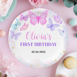 Plato De Papel Cumpleaños de la mariposa rosa