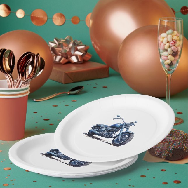 Plato De Papel Cumpleaños de la motocicleta azul (Multi)