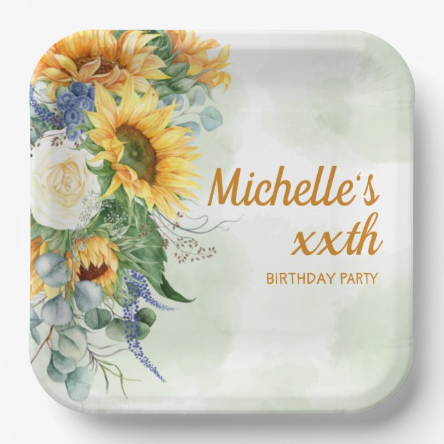 Plato De Papel Cumpleaños de la mujer botánica Sunflowers Eucalyp (Anverso)