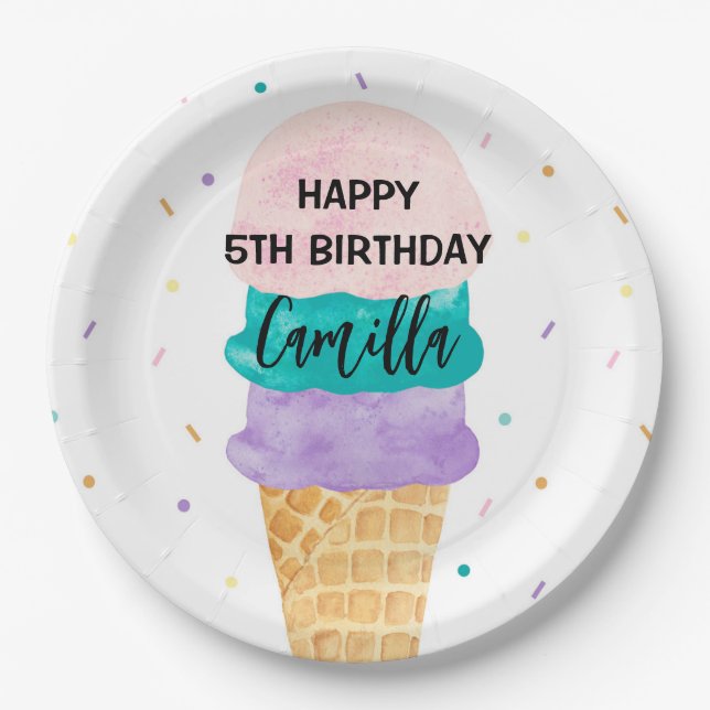 Plato De Papel Cumpleaños de la niña con cono de helado  (Anverso)