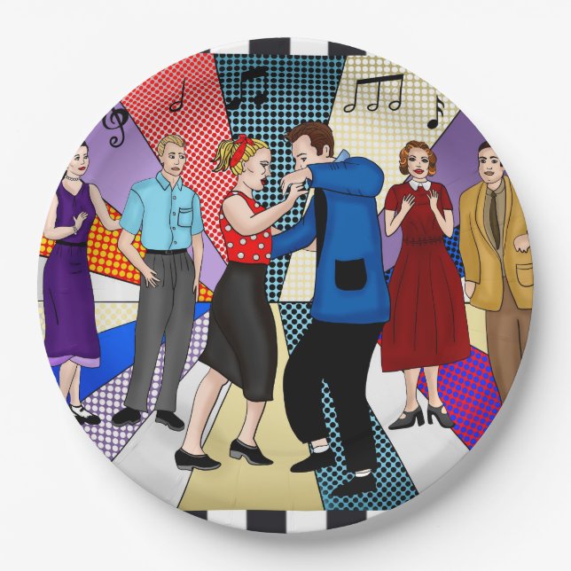 Plato De Papel Cumpleaños de la pareja de bailarines retro de los (Anverso)