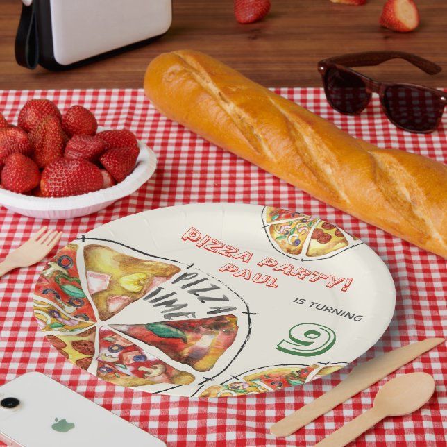 Plato De Papel Cumpleaños de la pizza acuarela (Picnic)
