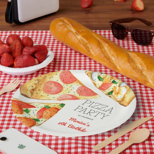 Plato De Papel Cumpleaños de la pizza acuarela (Picnic)