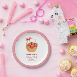 Plato De Papel Cumpleaños de la primera fresa adorable y elegante