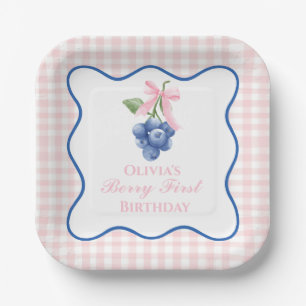 Plato De Papel Cumpleaños de la primera fresa azul Coquette con l