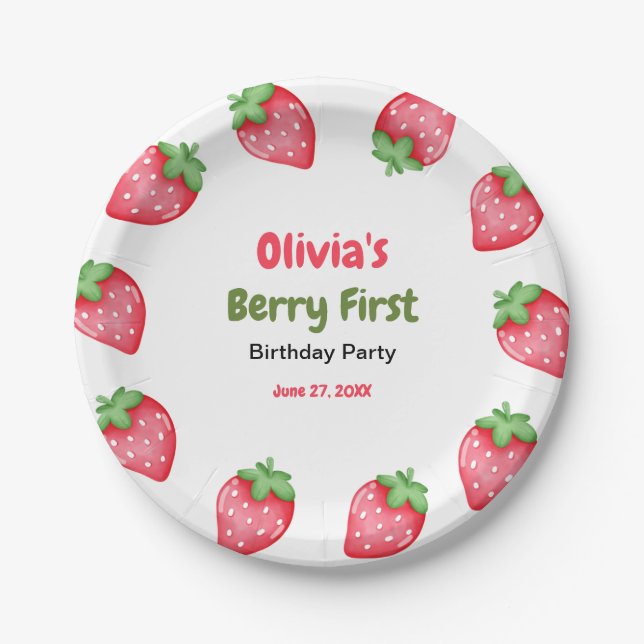Plato De Papel Cumpleaños de la primera fresa de Berry  (Anverso)