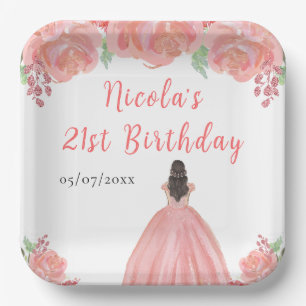 Plato De Papel Cumpleaños de la Princesa de Cabello Castaño con F