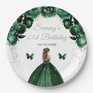 Plato De Papel Cumpleaños de la Princesa de Cabello Marrón Verde