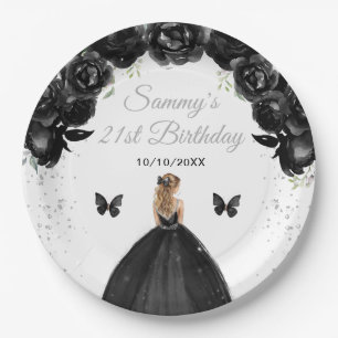 Plato De Papel Cumpleaños de la Princesa de Cabello Rubio Negro