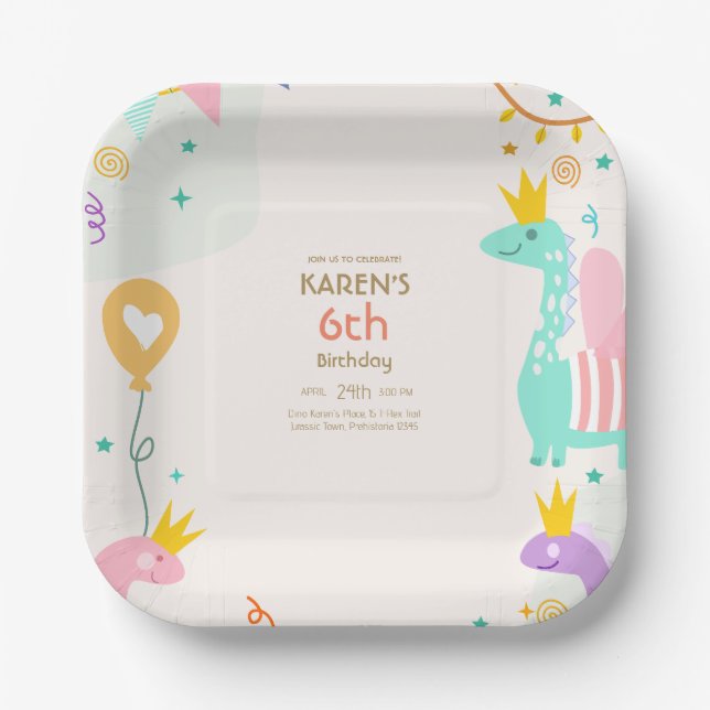 Plato De Papel Cumpleaños de la princesa dinosaurio caprichosa (Anverso)