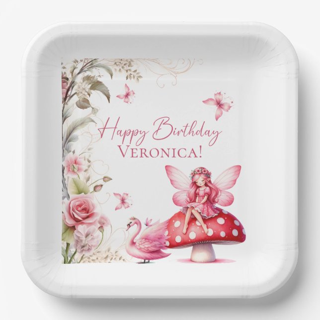 Plato De Papel Cumpleaños de la Princesa Hada Rosa Setas (Anverso)