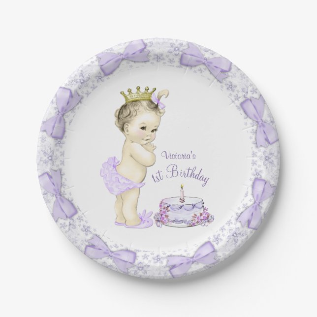 Plato De Papel Cumpleaños de la Princesa Lavanda Púrpura 1er año (Anverso)