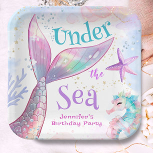 Plato De Papel Cumpleaños De La Sirena Bajo El Mar Púrpura Rosa