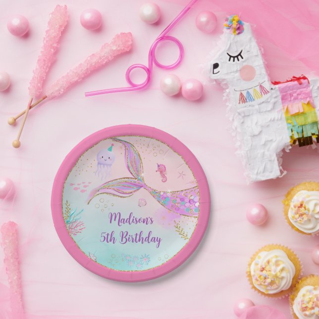 Plato De Papel Cumpleaños de la sirena bajo el mar rosa púrpura (Fiesta)