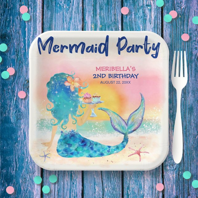 Plato De Papel Cumpleaños de la Sirena Cupcakes Tropical Beach Ch (Subido por el creador)