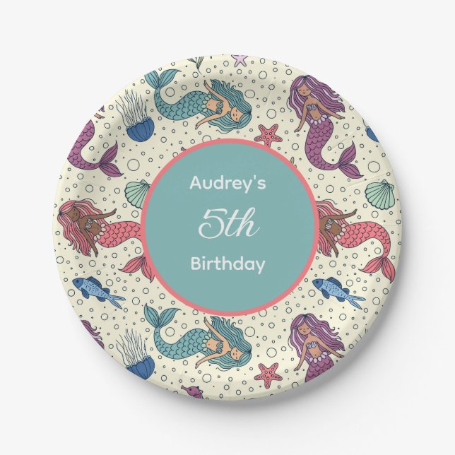 Plato De Papel Cumpleaños de la Sirena Infantil (Anverso)