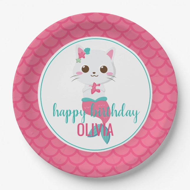 Plato De Papel Cumpleaños de la Sirena Kitty Pink (Anverso)