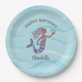 Plato De Papel Cumpleaños de la sirena morada de piel oscura