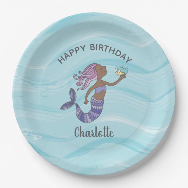 Plato De Papel Cumpleaños de la sirena morada de piel oscura (Anverso)