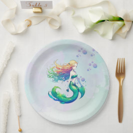 Plato De Papel Cumpleaños de la sirena morada y dorada bajo el ma