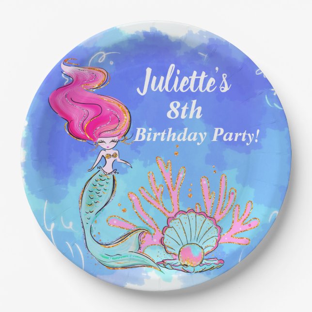 Plato De Papel Cumpleaños De La Sirena Y Pearl Clam (Anverso)