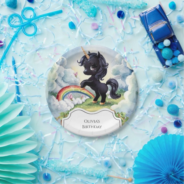 Plato De Papel Cumpleaños de la Unicornio Negra del Arcoiris Pequ (Fiesta)