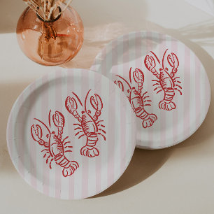 Plato De Papel Cumpleaños de langosta de rayas rosadas y rojas