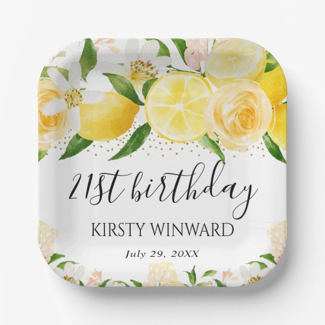 Plato De Papel Cumpleaños de las Lemones y Flores Acuarelas (Anverso)