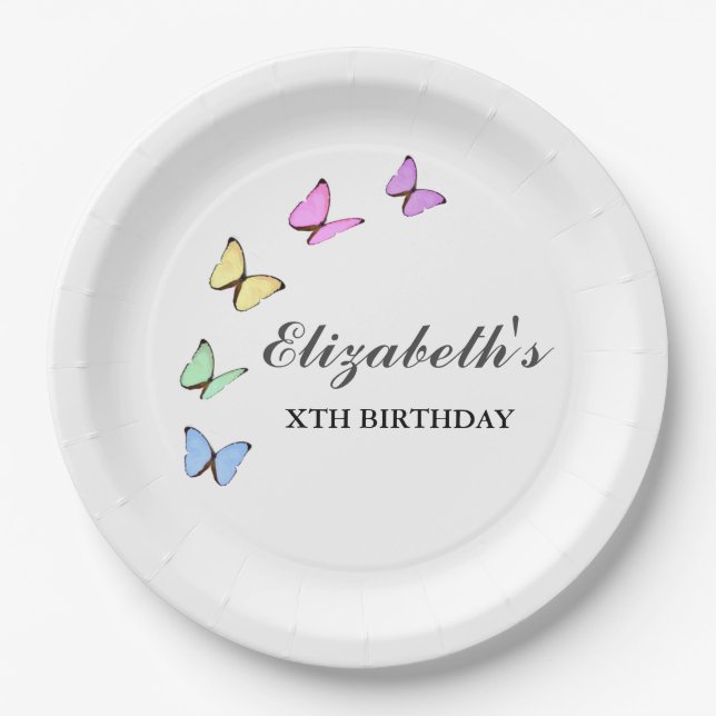 Plato De Papel Cumpleaños de las Mariposas Coloridas (Anverso)