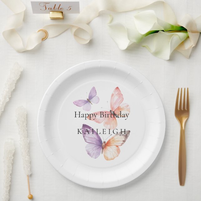 Plato De Papel Cumpleaños de las mariposas Peach Purple Lavender (Boda)