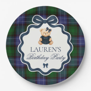 Plato De Papel Cumpleaños de lazo Coquette Preppy Oso Plaid
