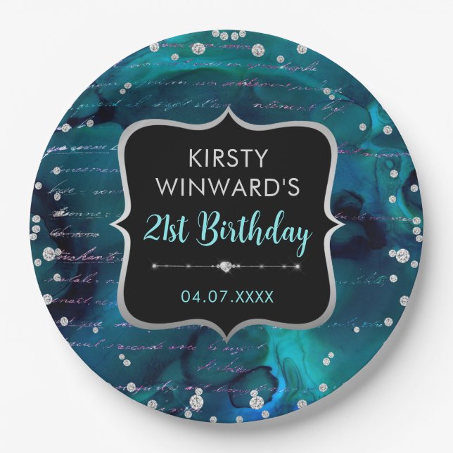 Plato De Papel Cumpleaños de Letras Brillantes Teal e Iridescente (Anverso)