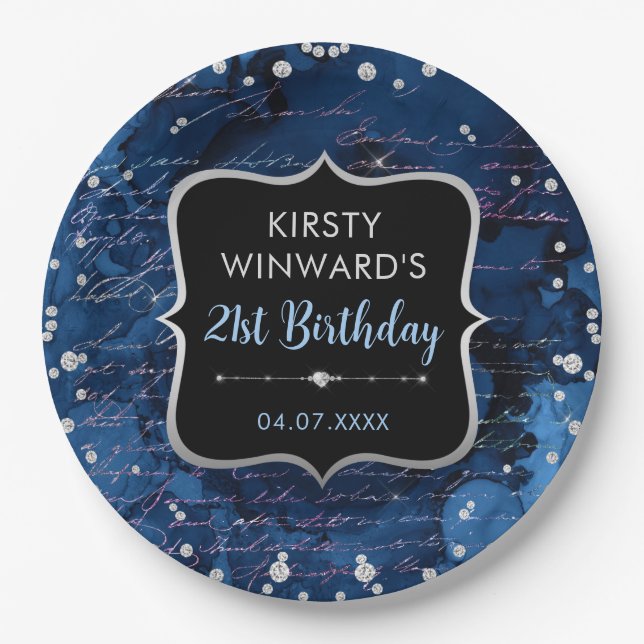 Plato De Papel Cumpleaños de letras de purpurina azules e iridisc (Anverso)