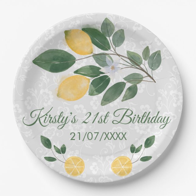 Plato De Papel Cumpleaños de limones sicilianos acuarela (Anverso)
