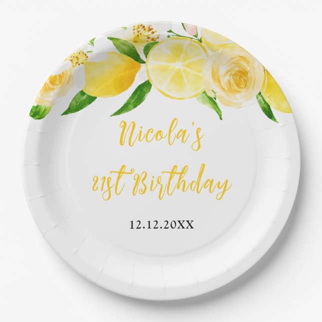 Plato De Papel Cumpleaños de limones y follaje (Anverso)