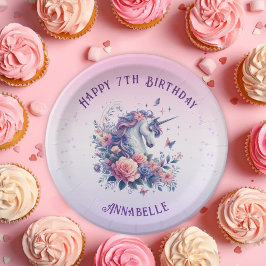 Plato De Papel Cumpleaños de los Chicas de Unicornio Púrpura Magn
